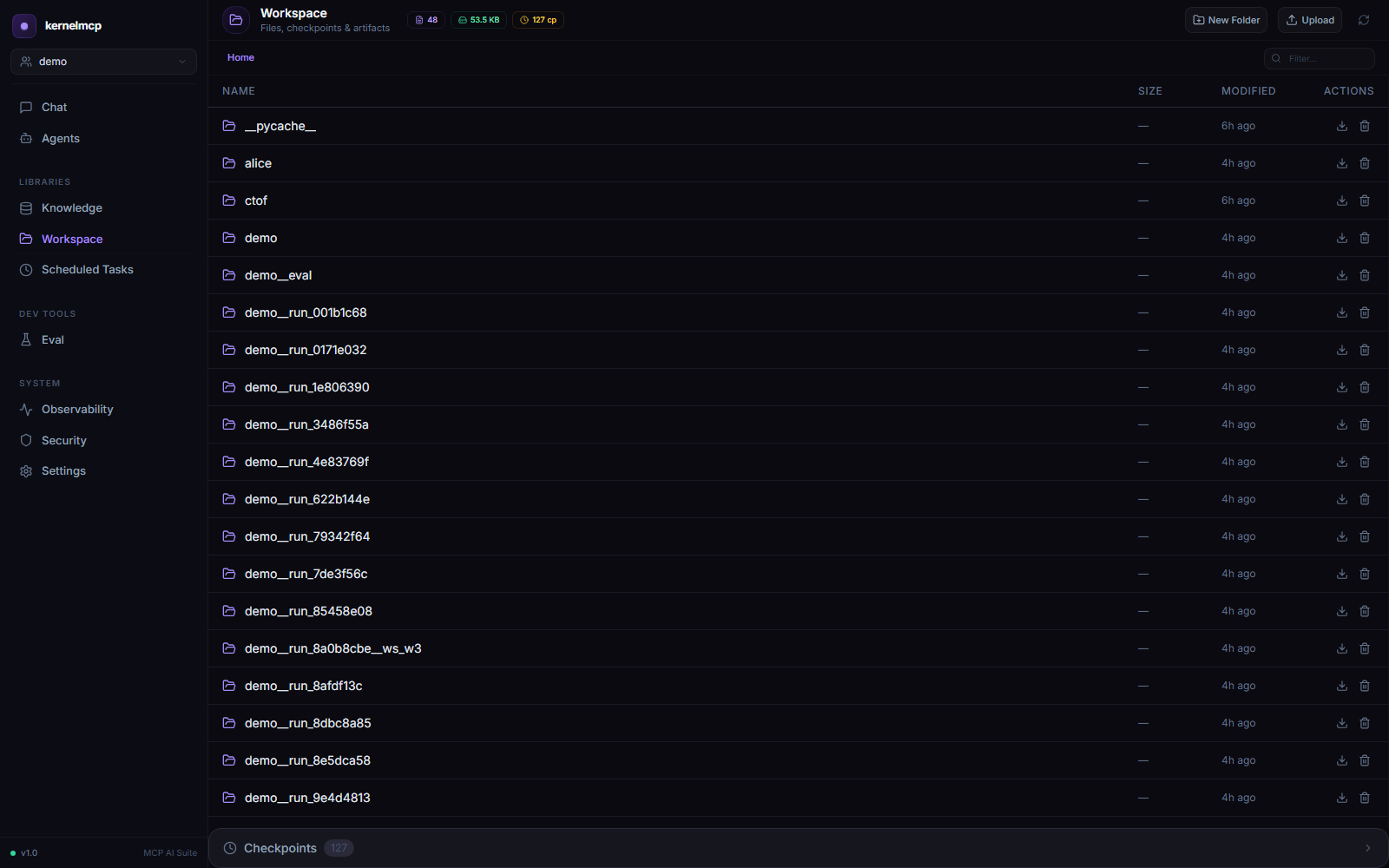 Workspace — sandboxed files with auto-checkpointing and audit